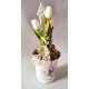Tavaszi dekoráció,tulipánnal és gyöngyvirággal,  fém vödörben